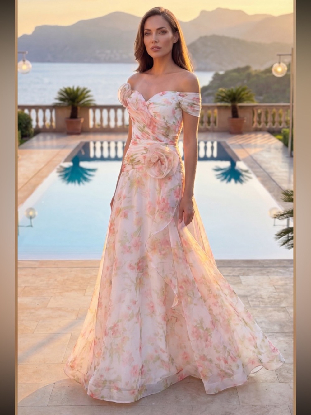 KOS COUTURE Off Shoulder Floral White Maxi Dress Ruffle Pleated Chiffon Sz 8 NWT